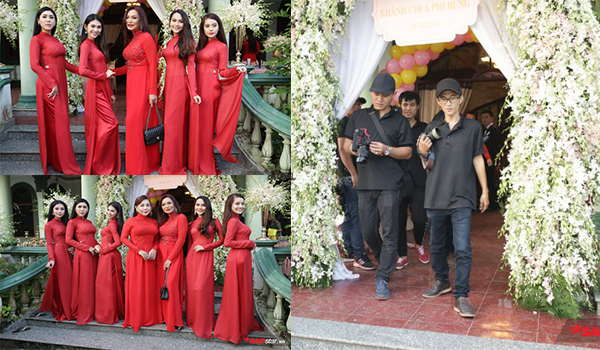 Cindy Thái Tài cùng dàn bưng quả diện áo dài đỏ nổi bật trong lễ rước dâu Lâm Khánh Chi và chú rể quê Nam Định