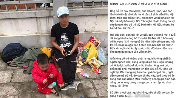 Hình ảnh chồng bế 2 con nhỏ từ Nam Định lên Hà Nội, lang thang tìm vợ bỏ nhà ra đi gây xôn xao MXH