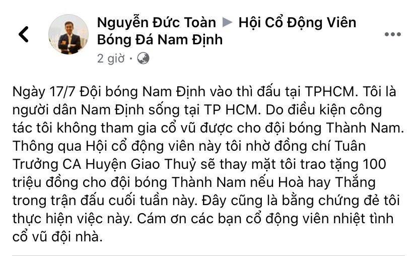 Cổ động viên Nam Định treo thưởng lớn cho đội nhà nếu đánh bại Sài Gòn