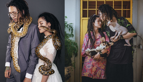 Đam mê nuôi thú cưng là bò sát, cặp đôi đem cả trăn rắn nhện vào bộ ảnh cưới siêu dị